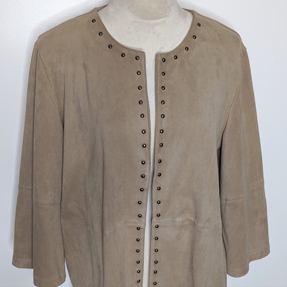 Allison Daley Faux Suede Open Front Western Tan Fringe Silver Studs Jacket Large - Picture 3 of 11